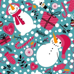 Christmas snowman seamless candy and flower and gift box and gloves pattern for wrapping paper and fabrics