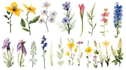 a collection of grunge oil painted alpine flowers isolated on a transparent background, generative ai