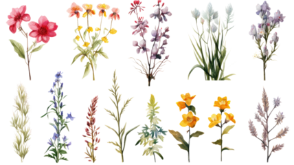 a collection of grunge oil painted alpine flowers isolated on a transparent background, generative ai