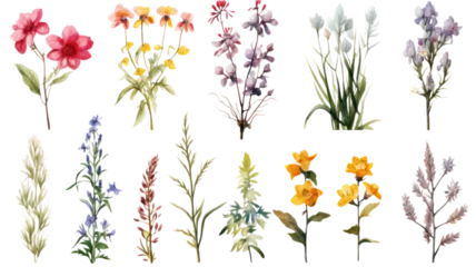  a collection of grunge oil painted alpine flowers isolated on a transparent background, generative ai © Perfect PNG