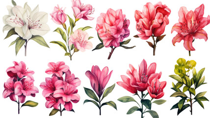 Obraz premium a collection of grunge oil painted azaleas isolated on a transparent background, generative ai