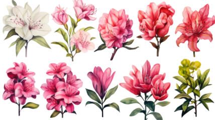a collection of grunge oil painted azaleas isolated on a transparent background, generative ai
