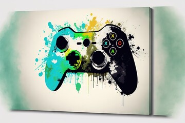 a painting of a video game controller on a white background with a splash of paint on the side of the controller and the controller is black and green and white, with a splash of.