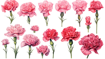a collection of grunge oil painted carnations isolated on a transparent background, generative ai