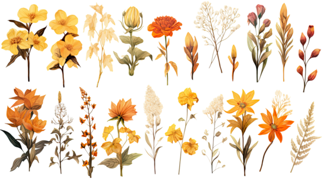 a collection of grunge oil painted autumn flowers isolated on a transparent background, generative ai
