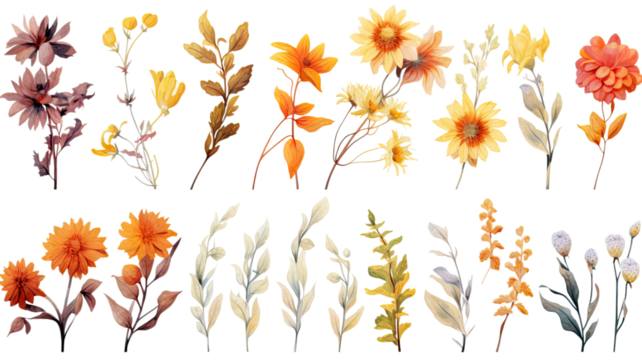a collection of grunge oil painted autumn flowers isolated on a transparent background, generative ai