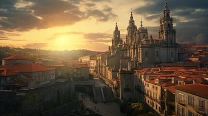 an amazing photo of Santiago de Compostela Spain sunset over city