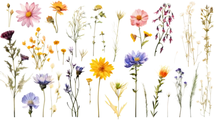 Fotobehang a collection of grunge oil painted wildflowers flowers isolated on a transparent background, generative ai © Perfect PNG