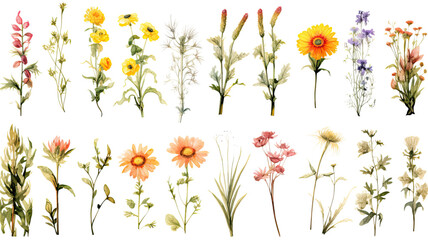 a collection of grunge oil painted wildflowers isolated on a transparent background, generative ai