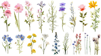 a collection of grunge oil painted wildflowers flowers isolated on a transparent background, generative ai