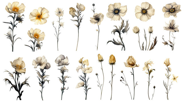 a collection of grunge oil painted swamp flowers isolated on a transparent background, generative ai