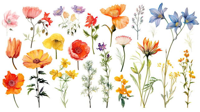 a collection of grunge oil painted summer flowers isolated on a transparent background, generative ai