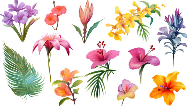 a collection of grunge oil painted tropical beach flowers isolated on a transparent background, generative ai