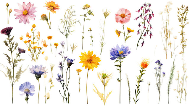 Fototapeta a collection of grunge oil painted wildflowers flowers isolated on a transparent background, generative ai