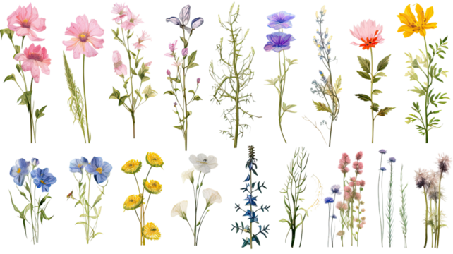 a collection of grunge oil painted wildflowers flowers isolated on a transparent background, generative ai