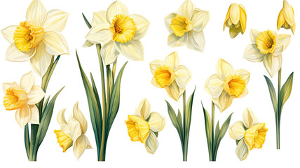 a collection of soft watercolor daffodils flowers isolated on a transparent background, generative ai - obrazy, fototapety, plakaty