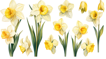 a collection of soft watercolor daffodils flowers isolated on a transparent background, generative ai