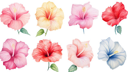 Obraz premium a collection of soft watercolor hibiscus flowers isolated on a transparent background, generative ai