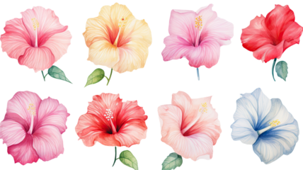 a collection of soft watercolor hibiscus flowers isolated on a transparent background, generative ai