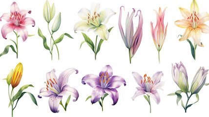 a collection of soft watercolor lilies flowers isolated on a transparent background, generative ai - Powered by Adobe