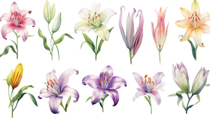 a collection of soft watercolor lilies flowers isolated on a transparent background, generative ai