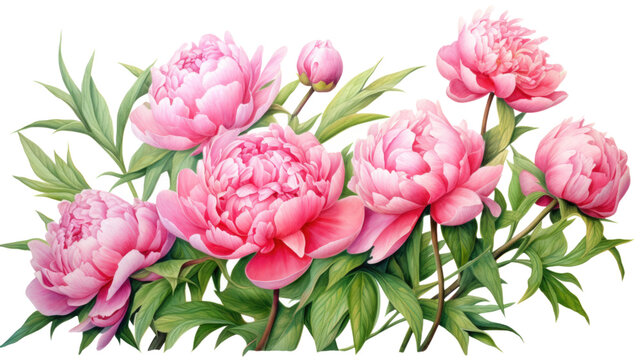 a collection of soft watercolor peonies flowers isolated on a transparent background, generative ai