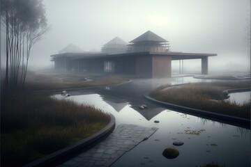 a house on a foggy day with a pond in the foreground and a walkway leading to it and a walkway leading to the front of the house on the other side of the building.