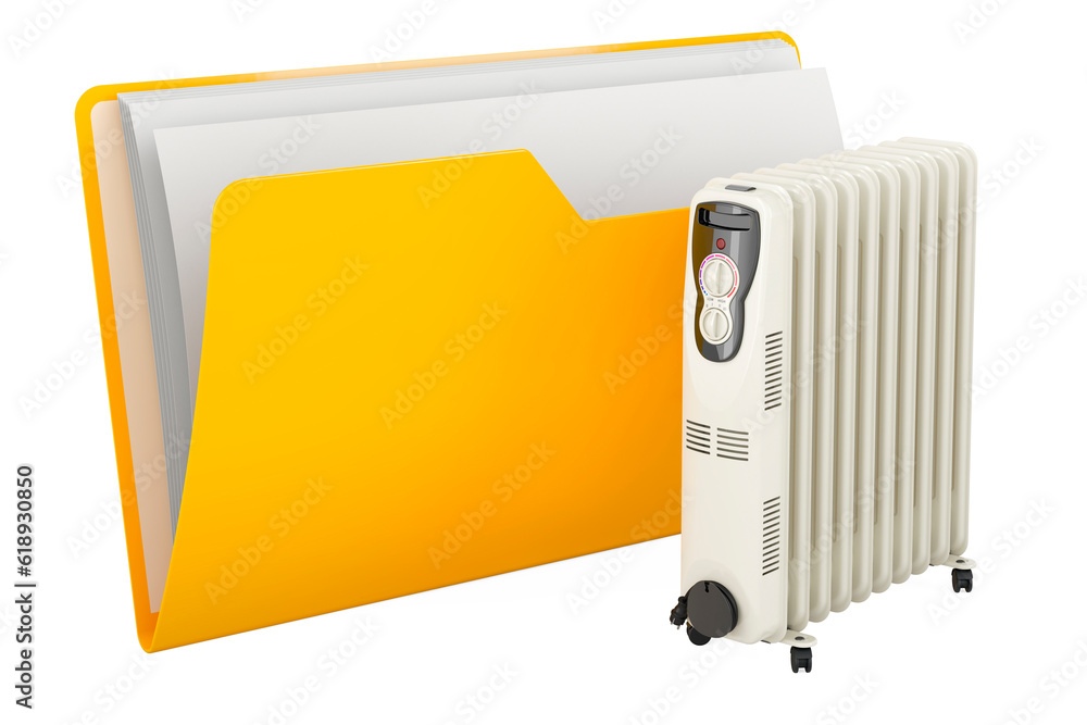 Poster computer folder icon with oil heater, 3d rendering