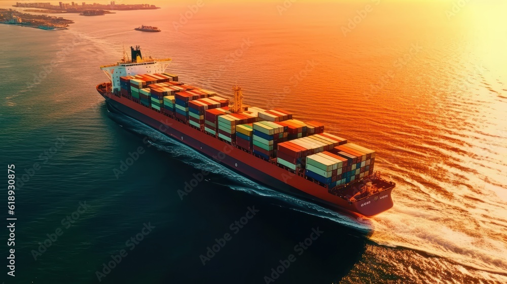 Poster aerial view of a fully loaded container ship approaching the port cargo terminal to unload, with a b