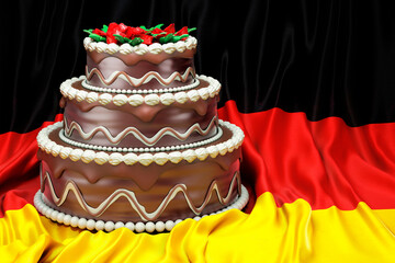 Chocolate cake on the German flag background, 3D rendering