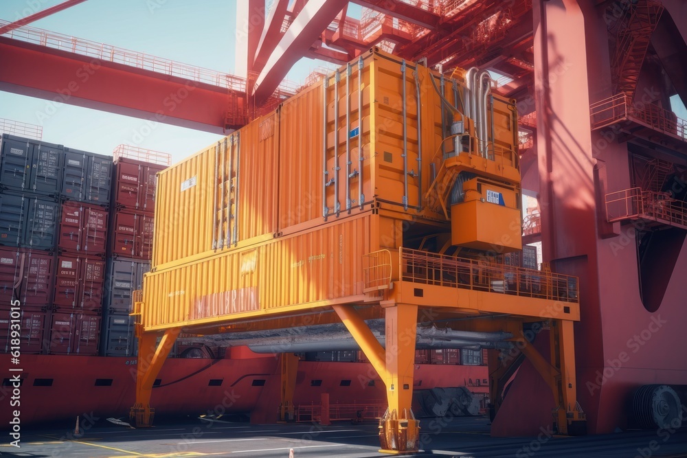 Poster container ship at the berth in cargo terminal of the port under loading. port cranes load containers