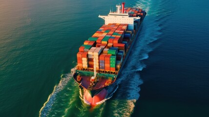 Aerial view of cargo ship carrying containers. Fully loaded container ship in the ocean, international transportation concept, logistic trader, global forwarder. 3D illustration.