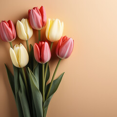 tulips on a yellow background, flower design pejt a tét tulefinu, in the style of light red and light beige, minimalist backgrounds, matte photo, crimson and beige, light white and orange.