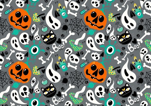 Halloween cartoon pumpkins and cat seamless bones and ghost and mushrooms and poison pattern for wrapping