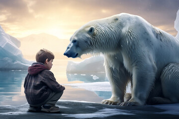 Obraz na płótnie Canvas Polar Bear and Child On Ice
