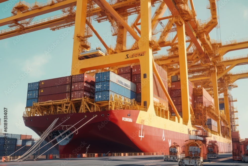 Poster container ship at the berth in cargo terminal of the port under loading. port cranes load containers