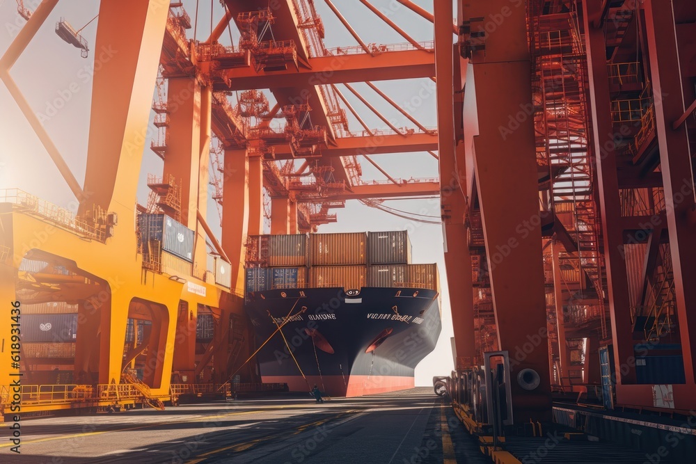 Poster container ship at the berth in cargo terminal of the port under loading. port cranes load containers