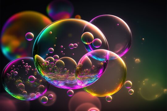 a bunch of soap bubbles floating in the air on a black background with a rainbow hued background and a black background with a few bubbles in the middle of the photo, some of the.
