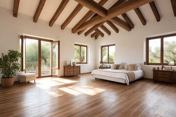 Empty master bedroom with parquet floors