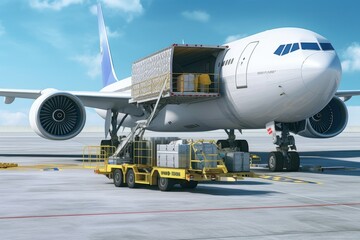 Loading a cargo plane at the airport. A special tractor brings cargo to the jet on the airfield. International freight transport and logistics concept. 3D illustration.