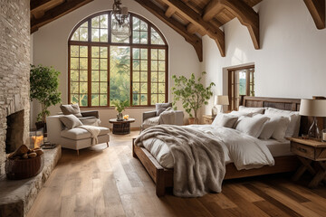 Fototapeta premium Empty master bedroom with parquet floors
