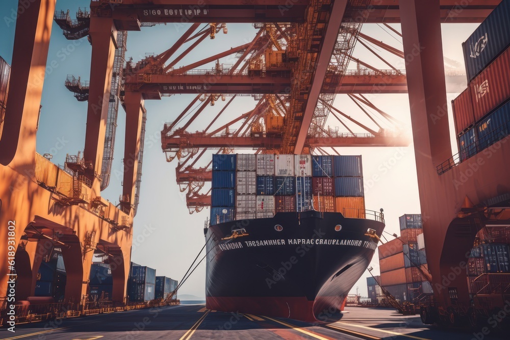 Poster view from the ground to a huge port crane. loading containers from a railway platform onto a contain