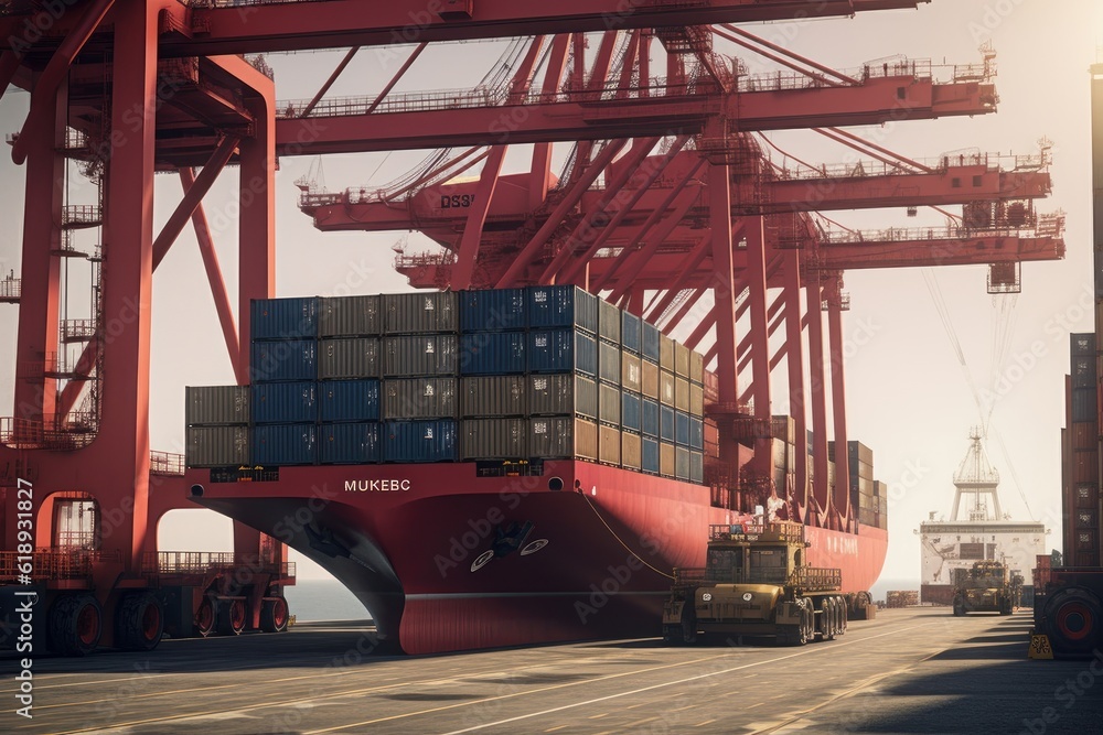 Poster container ship at the berth in cargo terminal of the port under loading. port cranes load containers