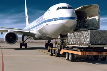 Loading a cargo plane at the airport. A special tractor brings cargo to the jet on the airfield. International freight transport and logistics concept. 3D illustration.