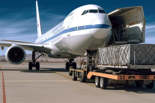 Loading a cargo plane at the airport. A special tractor brings cargo to the jet on the airfield. International freight transport and logistics concept. 3D illustration.