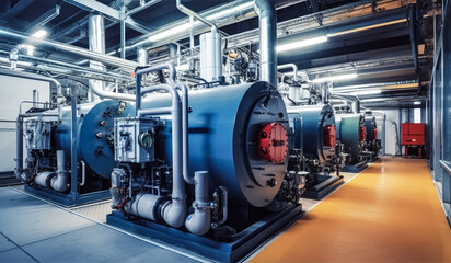 Fototapeta premium Interior of modern industrial boiler room - large metal tanks and pipes, heat generation industry concept. Generative AI