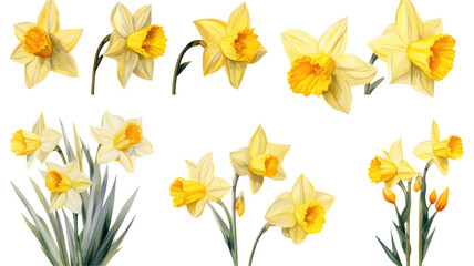 a collection of grunge oil painted daffodils isolated on a transparent background, generative ai © Perfect PNG