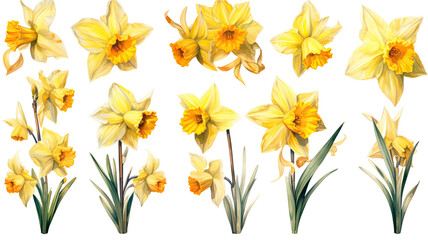 a collection of grunge oil painted daffodils isolated on a transparent background, generative ai
