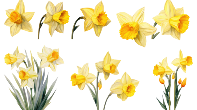 a collection of grunge oil painted daffodils isolated on a transparent background, generative ai
