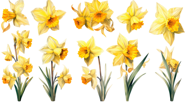 a collection of grunge oil painted daffodils isolated on a transparent background, generative ai